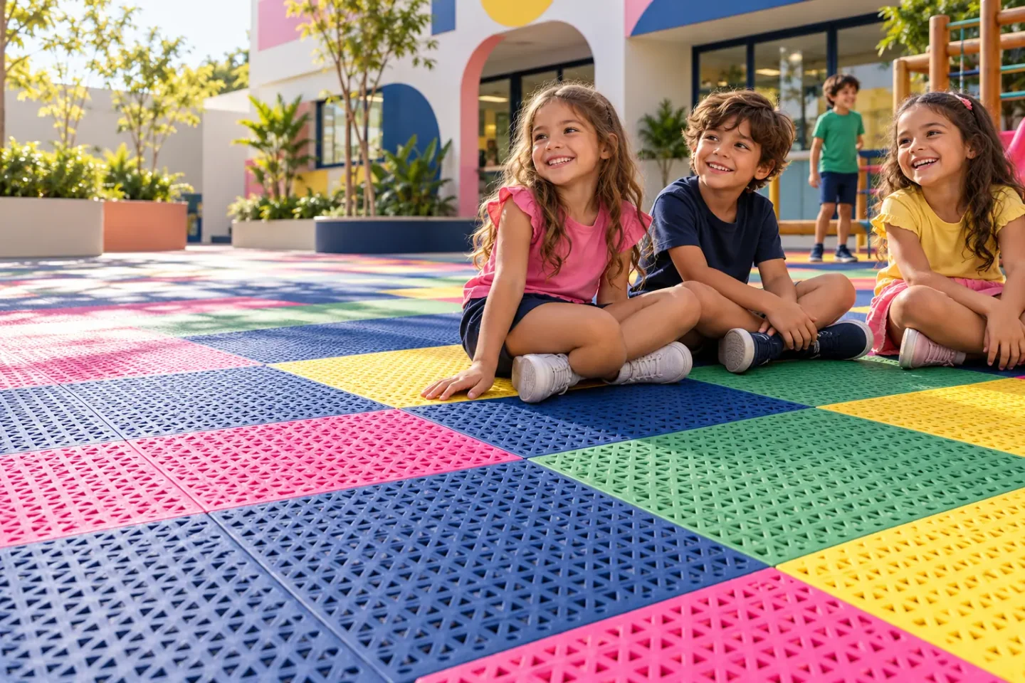 Visualização ilustrativa de crianças em pátio com piso modular colorido